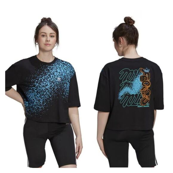 Adidas Original Naomi Otsu cropped short sleeve t-shirt black blue splatter - Picture 1 of 8